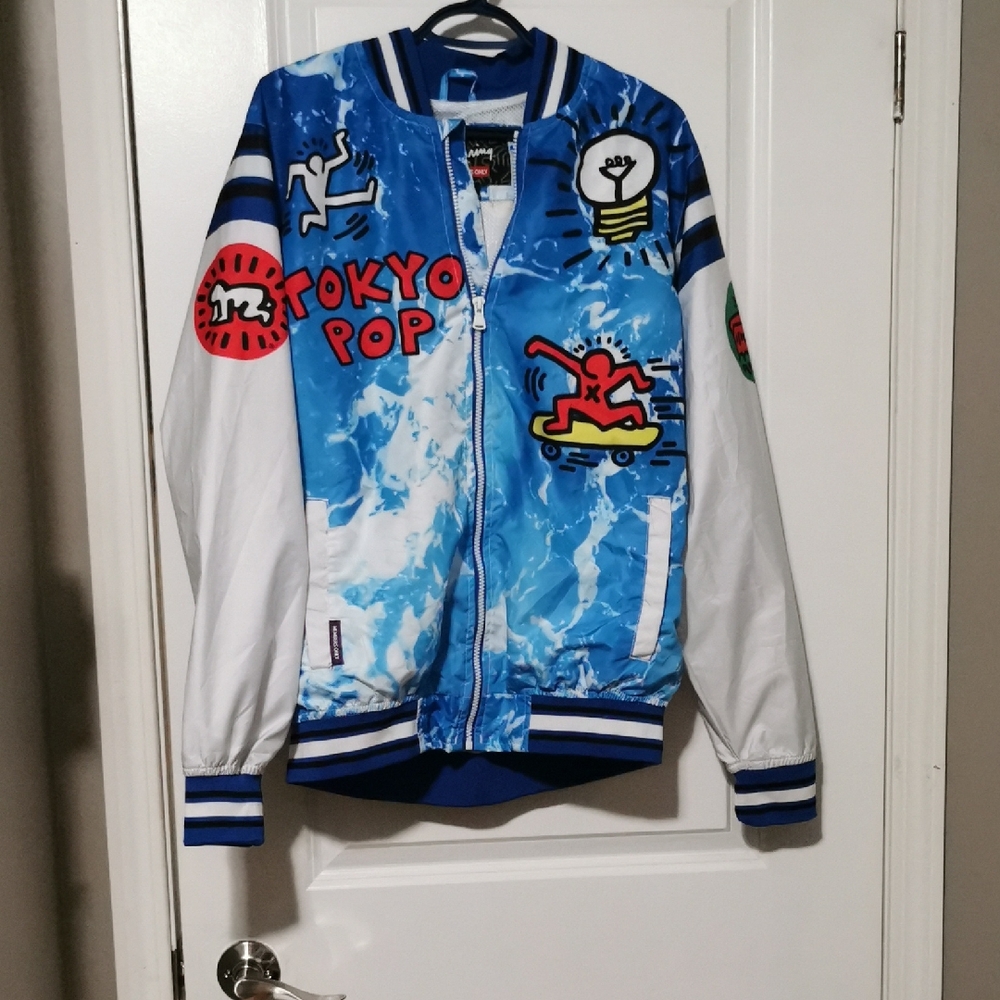 Members Only K.Haring  Blue and White Graphic Jacket‎